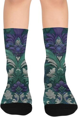 جوارب المشي لمسافات طويلة بلون أرجواني منسوج بالزهور الخضراء - جوارب شتوية حرارية سميكة دافئة للأولاد والبنات للمدرسة، والارتداء اليومي والأنشطة الخارجية in Kuwait