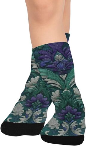 جوارب المشي لمسافات طويلة بلون أرجواني منسوج بالزهور الخضراء - جوارب شتوية حرارية سميكة دافئة للأولاد والبنات للمدرسة، والارتداء اليومي والأنشطة الخارجية in Kuwait