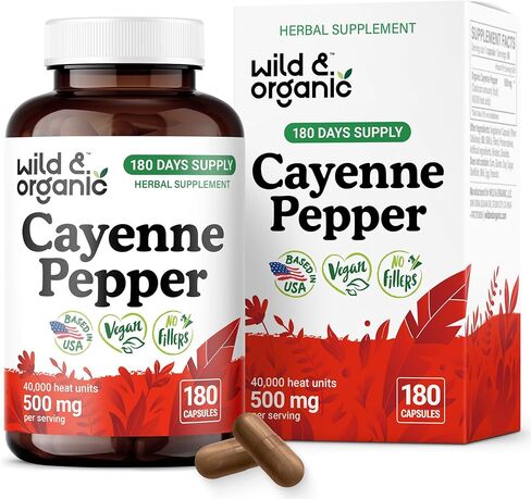 Wild & Organic Cayenne Pepper Capsules 500 mg - Digestive Support - Pure Cayenne Pepper Extract - Capsaicin Supplements - Vegan, No Fillers, Non-GMO - 60 Count in Kuwait