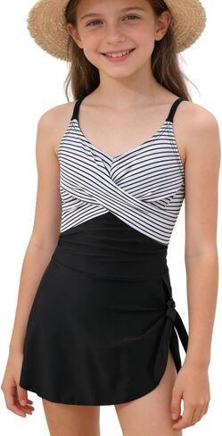 ملابس سباحة للفتيات سريعة الجفاف مقصوصة من قطعة واحدة مع تنورة بطبعة استوائية ملابس سباحة 9-17 سنة in Kuwait