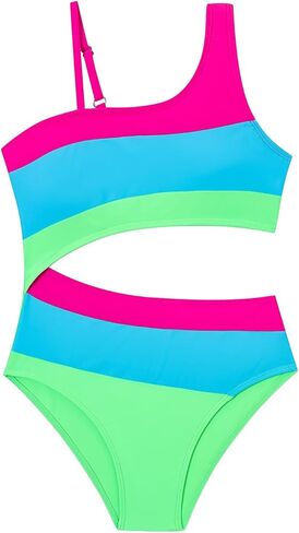 Girls One Piece Swimsuit One Shoulder Cutout Bathing Suit Color Block Swimwear Size 9-16 Years in Saudi Arabia
