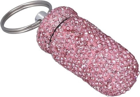 Yinhing Rhinestone Capsules Storage Case Container with Keyring Aluminum Alloy Portable Bottle Box Shiny Fashionable Travel Essential for Elderly Patients Office Work Outdoor Camping (White) in Saudi Arabia