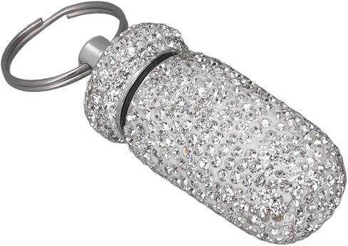 Yinhing Rhinestone Capsules Storage Case Container with Keyring Aluminum Alloy Portable Bottle Box Shiny Fashionable Travel Essential for Elderly Patients Office Work Outdoor Camping (White) in Saudi Arabia