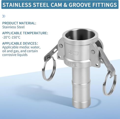 تجهيزات الكامة والأخدود من الفولاذ المقاوم للصدأ 316، وقابس بارب 3/4 بوصة، ومجموعة تركيب خرطوم الأخدود أنثى 3/4 بوصة NPT، وتركيب Camlock مع مشبك خرطوم. (قفل الكامة 3/4 بوصة النوع C+A) in Kuwait