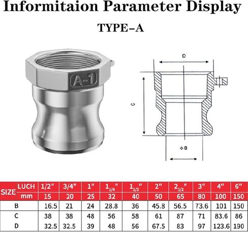 تجهيزات الكامة والأخدود من الفولاذ المقاوم للصدأ 316، وقابس بارب 3/4 بوصة، ومجموعة تركيب خرطوم الأخدود أنثى 3/4 بوصة NPT، وتركيب Camlock مع مشبك خرطوم. (قفل الكامة 3/4 بوصة النوع C+A) in Kuwait