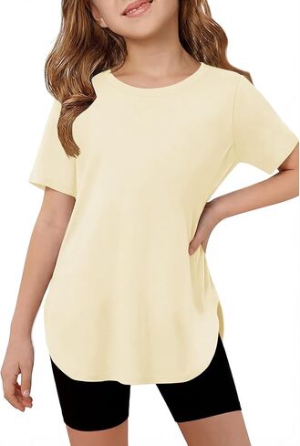 Girls Short Sleeve T Shirts Kids Summer Crewneck Curved Hem Tunic Tops Basic Tee in Kuwait