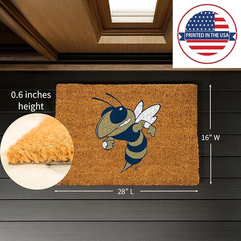 NCAA Georgia Tech Coir Door Mat، مدخل داخلي وخارجي، 28 × 16 بوصة غير قابلة للانزلاق الحصير الخلفي للترحيب بمخالب الكلاب الموحلة، مقاومة للطقس الأمامي مدخل الباب الأمامي ديكور المنزل in Saudi Arabia