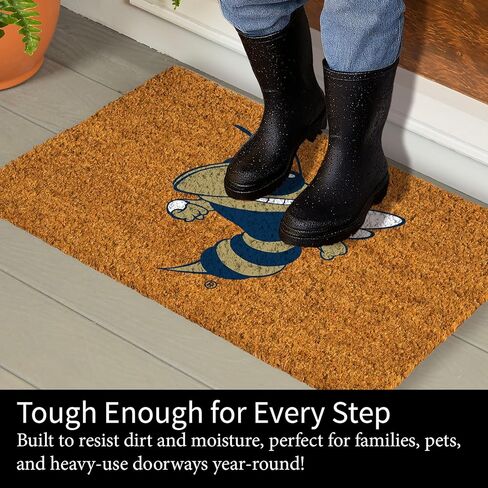 NCAA Georgia Tech Coir Door Mat، مدخل داخلي وخارجي، 28 × 16 بوصة غير قابلة للانزلاق الحصير الخلفي للترحيب بمخالب الكلاب الموحلة، مقاومة للطقس الأمامي مدخل الباب الأمامي ديكور المنزل in Saudi Arabia