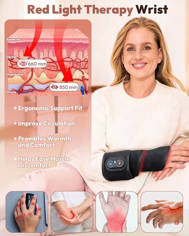 Red Light Therapy for Wrist Hands Wrap, Cordless Infrared Heating Pad with Vibration for Body, Arm, Knee, Foot, Wearable Heated Wrist Massager Brace, 660nm/850nm (Black) in Kuwait