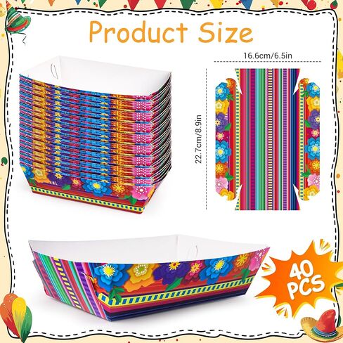 Mexican Nacho Trays, Disposable Taco Plates Paper Food Trays Fiesta Mexican Theme Party Decorations Favors for Snack Candy Hot Dog Cinco De Mayo Birthday Mexican Party Supplies (40) in Saudi Arabia