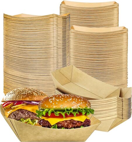 MotBach 150 Pack 3LB Paper Food Boat Trays Disposable Paper Boat Containers, Heavy Duty Large Kraft Boats, Food Serving Tray Boats Baskets for Snacks Popcorn Dessert Sandwich Burger Taco Fries Nacho in Saudi Arabia
