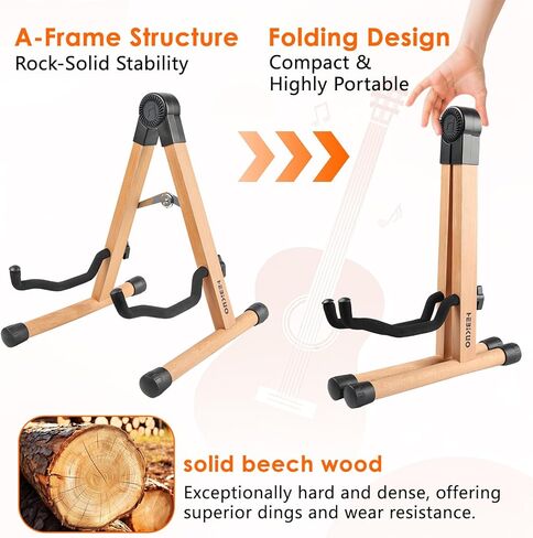 Wood Guitar Stand, A-Frame Folding Wooden Acoustic Electric Floor Guitar Stands with Padding, Stable Musical Instrument Foldable Support Holder, Universal for Ukulele, Bass, Cello, Violin, Banjo, Mandolin in Kuwait