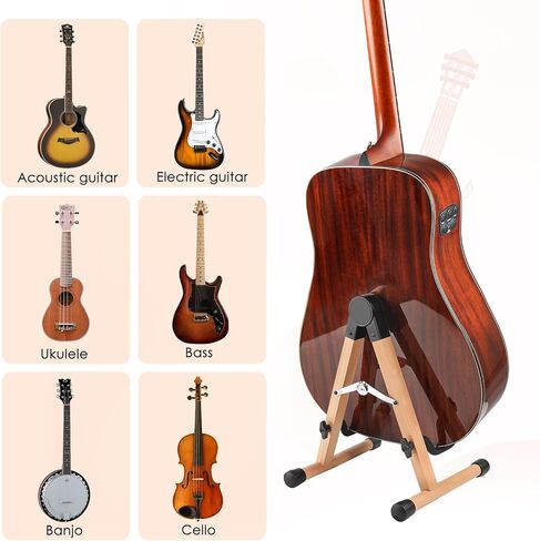 Wood Guitar Stand, A-Frame Folding Wooden Acoustic Electric Floor Guitar Stands with Padding, Stable Musical Instrument Foldable Support Holder, Universal for Ukulele, Bass, Cello, Violin, Banjo, Mandolin in Kuwait