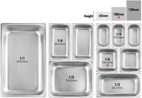 New Star Foodservice 1/6 Size Stainless Steel Steam Table Pan, 7.0 x 6.4 x 4.0 Inches, 18/8 Stainless Steel, 24 Gauge, NSF Certified (Set of 6) in Saudi Arabia