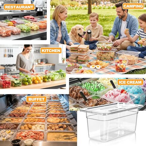 مجموعة من 12 قطعة من مقالي الطعام المصنوعة من البولي كربونات من West Bay مقاس 1/9 مقاس 4 بوصات مع أغطية، مقالي فندقية تجارية شفافة، حاويات تخزين الطعام للمطعم، إعداد الطعام، البوفيه، بار السلطة، المطبخ المنزلي وتقديم الطعام in Kuwait