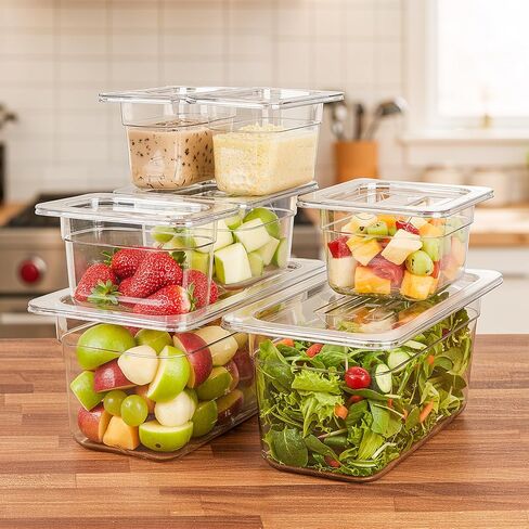 مجموعة من 12 قطعة من مقالي الطعام المصنوعة من البولي كربونات من West Bay مقاس 1/9 مقاس 4 بوصات مع أغطية، مقالي فندقية تجارية شفافة، حاويات تخزين الطعام للمطعم، إعداد الطعام، البوفيه، بار السلطة، المطبخ المنزلي وتقديم الطعام in Kuwait