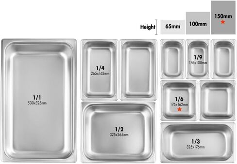 New Star Foodservice 1/6 Size Stainless Steel Steam Table Pan, 7.0 x 6.4 x 6.0 Inches, 18/8 Stainless Steel, 24 Gauge, NSF Certified (Set of 6) in Saudi Arabia