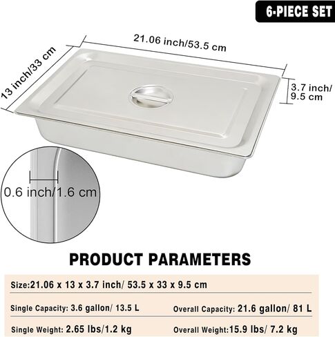 6 عبوات من مقالي الفندق المصنوعة من الفولاذ المقاوم للصدأ، مقاس كامل 4 بوصة بعمق 0.8 مم سميكة مضادة للمربى مع غطاء، لطاولات البخار والمطاعم والمطاعم والاستخدام الصناعي in Kuwait