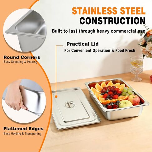 6 عبوات من مقالي الفندق المصنوعة من الفولاذ المقاوم للصدأ، مقاس كامل 4 بوصة بعمق 0.8 مم سميكة مضادة للمربى مع غطاء، لطاولات البخار والمطاعم والمطاعم والاستخدام الصناعي in Kuwait