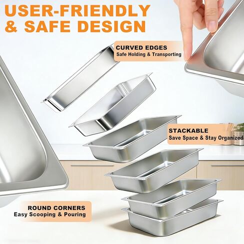 6 عبوات من مقالي الفندق المصنوعة من الفولاذ المقاوم للصدأ، مقاس كامل 4 بوصة بعمق 0.8 مم سميكة مضادة للمربى مع غطاء، لطاولات البخار والمطاعم والمطاعم والاستخدام الصناعي in Kuwait