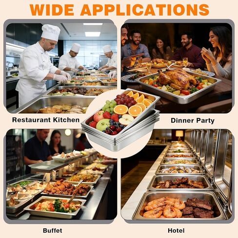 6 عبوات من مقالي الفندق المصنوعة من الفولاذ المقاوم للصدأ، مقاس كامل 4 بوصة بعمق 0.8 مم سميكة مضادة للمربى مع غطاء، لطاولات البخار والمطاعم والمطاعم والاستخدام الصناعي in Kuwait