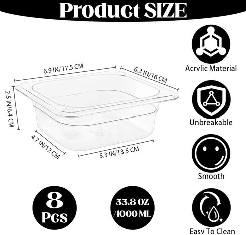 8 عبوات من مقالي الطعام المصنوعة من البولي كربونات مقاس 1/6 - مقالي فندقية تجارية شفافة عميقة مقاس 2.5 بوصة لطاولات الإعداد والبوفيه - حاويات تخزين الطعام البارد مقاومة للكسر وقابلة للتكديس (6.9 بوصة × 6.4 بوصة) in Kuwait