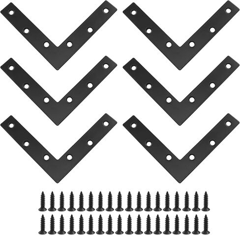 Hordion 6Pcs 5 x 5 Inch L Shape Flat Corner Brace (120 X 120mm), Right Angle Bracket Black Heavy Duty Repair Mending Plates for Wood Furniture Chair Drawer Cabinet in Kuwait