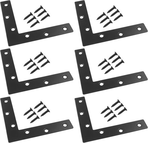 Hordion 6Pcs 5 x 5 Inch L Shape Flat Corner Brace (120 X 120mm), Right Angle Bracket Black Heavy Duty Repair Mending Plates for Wood Furniture Chair Drawer Cabinet in Kuwait