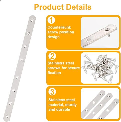 24 Pcs 12" Flat Mending Plates Stainless Steel Straight Brackets Metal Brackets with Holes Repair Fixing Bracket for Wood Connector with 192 Screws in Kuwait