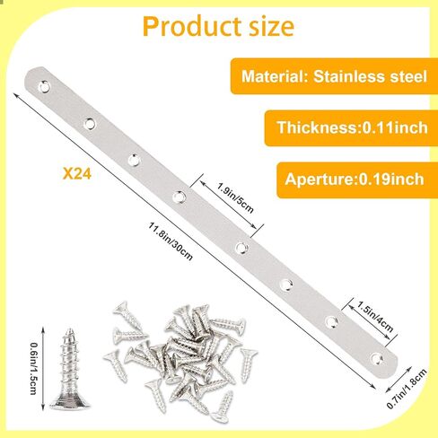 24 Pcs 12" Flat Mending Plates Stainless Steel Straight Brackets Metal Brackets with Holes Repair Fixing Bracket for Wood Connector with 192 Screws in Kuwait