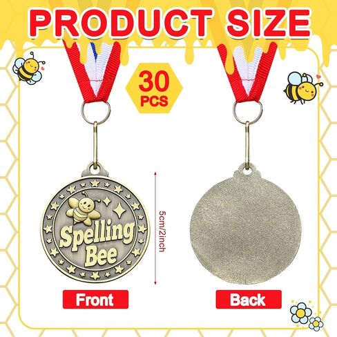 Quelay 30 Pcs Spelling Bee Honeycomb Medals Bulk 2 Inch Gold, Silver, Bronze Spelling Bee Award Medals with Neck Ribbon Metal Trophy Award Prize Gift for Kids Adults Competitions Trophy Party Supplies in Saudi Arabia