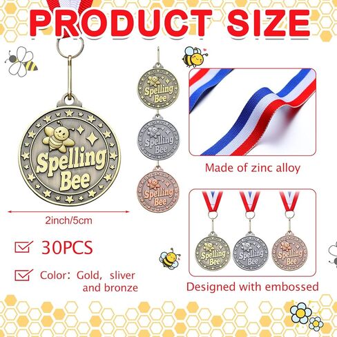 Quelay 30 Pcs Spelling Bee Honeycomb Medals Bulk 2 Inch Gold, Silver, Bronze Spelling Bee Award Medals with Neck Ribbon Metal Trophy Award Prize Gift for Kids Adults Competitions Trophy Party Supplies in Saudi Arabia