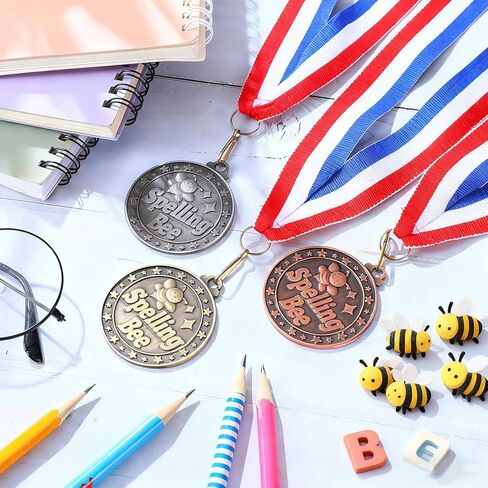 Quelay 30 Pcs Spelling Bee Honeycomb Medals Bulk 2 Inch Gold, Silver, Bronze Spelling Bee Award Medals with Neck Ribbon Metal Trophy Award Prize Gift for Kids Adults Competitions Trophy Party Supplies in Saudi Arabia