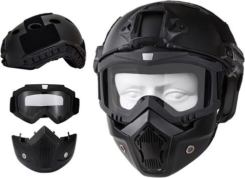 خوذة وقناع Airsoft مع نظارات واقية، قناع وجه كامل Airsoft، مع حامل NVG وحاجز جانبي، خوذة Airsoft Gear التكتيكية PJ Style (أسود) in Kuwait