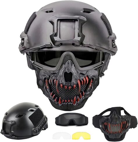 خوذة وقناع Airsoft مع نظارات واقية، قناع وجه كامل Airsoft، مع حامل NVG وحاجز جانبي، خوذة Airsoft Gear التكتيكية PJ Style (أسود) in Kuwait