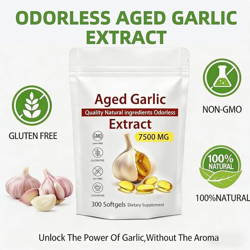 Aged Garlic Extract - 7500mg Odorless, Organic Garlic Extract Capsules | Heart & Immune Antioxidant Supplements, Vegetarian, All-Natural, Non-GMO, 300 Softgels in Saudi Arabia