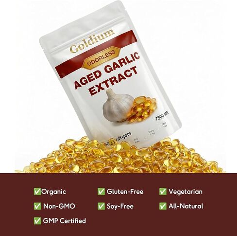 مستخلص الثوم المسن 7500 مجم كبسولات هلامية عديمة الرائحة - كبسولات مستخلص الثوم المسن لصحة القلب وضغط الدم ودعم المناعة، ثوم عضوي عديم الرائحة للبالغين، عدد 300 in Kuwait