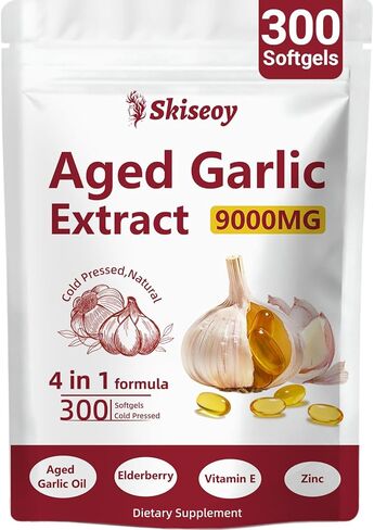 Aged Garlic Extract – 9000mg Odorless 2 Years Organic Aged Garlic Supplements with Elderberry, Vitamin E & Zinc for Heart & Immune Support, Potent Antioxidant Supplements, Vegetarian, 300 Softgels in Saudi Arabia