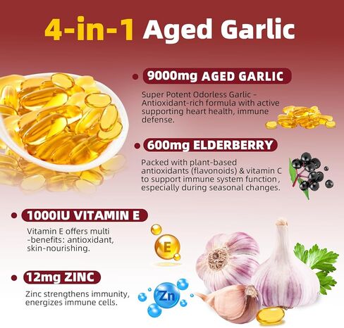 Aged Garlic Extract – 9000mg Odorless 2 Years Organic Aged Garlic Supplements with Elderberry, Vitamin E & Zinc for Heart & Immune Support, Potent Antioxidant Supplements, Vegetarian, 300 Softgels in Saudi Arabia