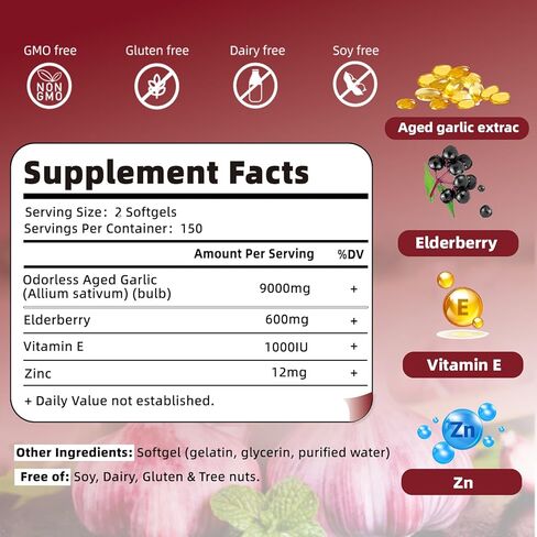 Aged Garlic Extract – 9000mg Odorless 2 Years Organic Aged Garlic Supplements with Elderberry, Vitamin E & Zinc for Heart & Immune Support, Potent Antioxidant Supplements, Vegetarian, 300 Softgels in Saudi Arabia