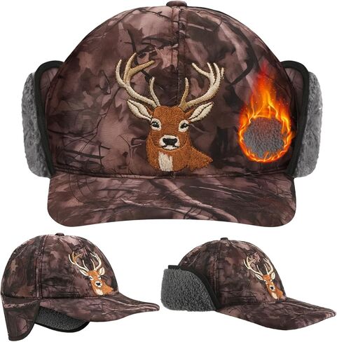 Deer Winter Hunting Hat Camo Orange Warm Hat with Sherpa Lined Ear Flap Waterproof Windproof for Men Cold Weather in Saudi Arabia