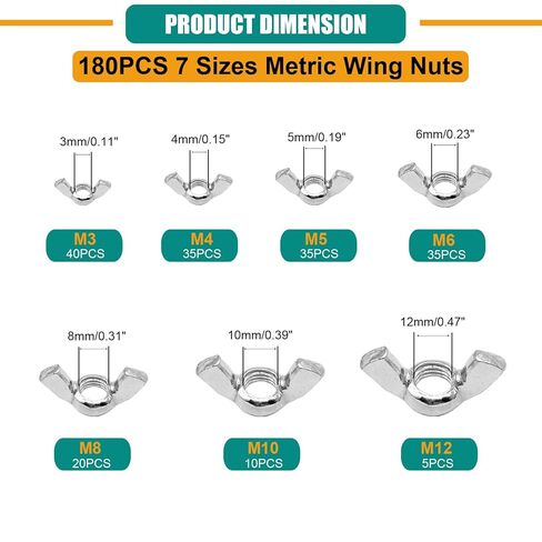 360PCS Wing Nuts Assortment Kit, Metric & SAE Wingnuts 13 Sizes Carbon Steel Zinc Plated Butterfly Wing Nut M3-M12, #6-32 to 3/8"-16 Hardware Fasteners in Saudi Arabia