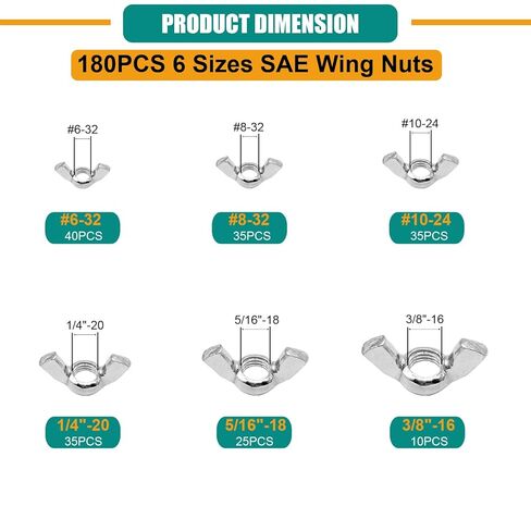 360PCS Wing Nuts Assortment Kit, Metric & SAE Wingnuts 13 Sizes Carbon Steel Zinc Plated Butterfly Wing Nut M3-M12, #6-32 to 3/8"-16 Hardware Fasteners in Saudi Arabia