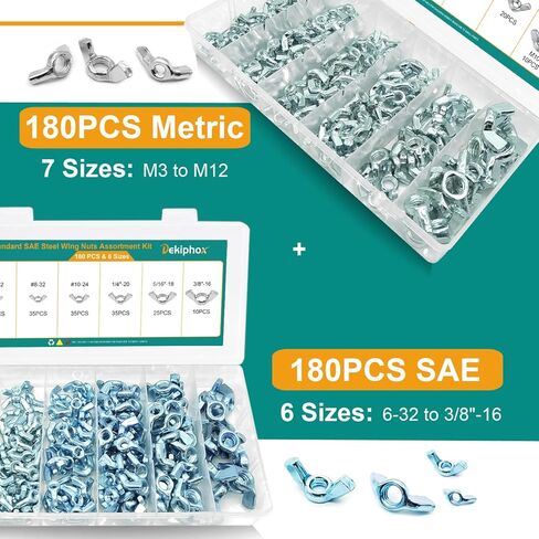 360PCS Wing Nuts Assortment Kit, Metric & SAE Wingnuts 13 Sizes Carbon Steel Zinc Plated Butterfly Wing Nut M3-M12, #6-32 to 3/8"-16 Hardware Fasteners in Saudi Arabia
