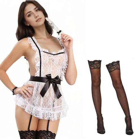 Sexy Maid Costume Set for Women, Lace One Piece Lingerie Cosplay Uniform for Halloween with Garter Belt, Thigh High Stockings in Kuwait