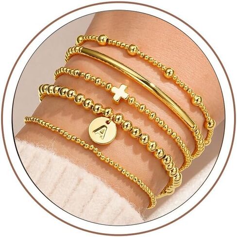 مجموعات أساور Turandoss Gold Cross Bead للنساء الفتيات - أساور مطلي بالطبقة الذهب اللذيذة للنساء ، سوار حبة الذهب الأولية ، سوار الكفة الذهبية J ، مجوهرات ذهبية للنساء in Saudi Arabia
