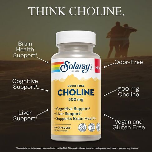 SOLARAY Choline 500 mg – Cognitive, Brain Health and Liver Support Supplement – Powerful Brain Supplement & Choline Source for Adults – Odor-Free, Vegan Liquid VegCaps – 60 Servings, 60 Capsules in Saudi Arabia