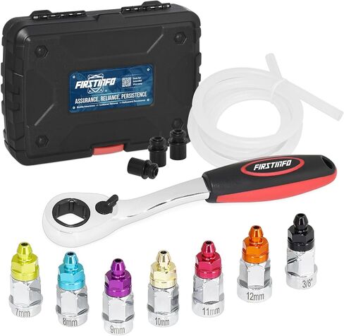 FIRSTINFO F3525N Patented Brake Bleeder Wrench Set with 7-12mm & 3/8-inch 6 Point Socket Built-in One Way Check Valve, Ratchet Wrench, Oil Drain Hose in Kuwait