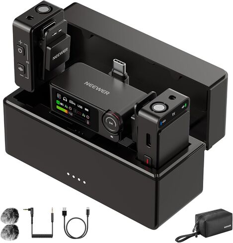 NEEWER CM26 Pro AI Wireless Microphone Compatible with iPhone Android Phone Camera PC, Lavalier Lapel Mic DSP/MCU Noise Cancellation Mute Gain Low Cut 48KHz/24Bit 88dB SNR 50H Battery 100m Range in Saudi Arabia