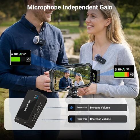 NEEWER CM26 Pro AI Wireless Microphone Compatible with iPhone Android Phone Camera PC, Lavalier Lapel Mic DSP/MCU Noise Cancellation Mute Gain Low Cut 48KHz/24Bit 88dB SNR 50H Battery 100m Range in Saudi Arabia